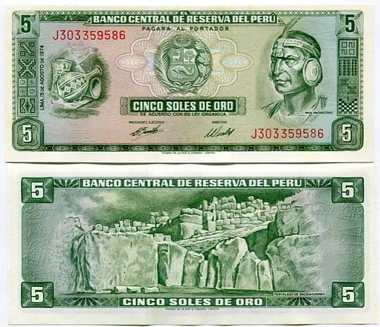 Peru 5 Soles 1974 r. UNC